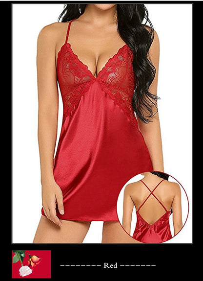 Women's Silk Satin Nightdress – V-Neck Lace Lingerie