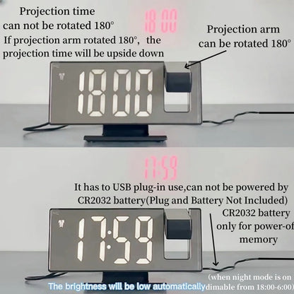 USB-Powered Digital Projection Alarm Clock | 12/24H LED Table Clock with Temperature & Snooze