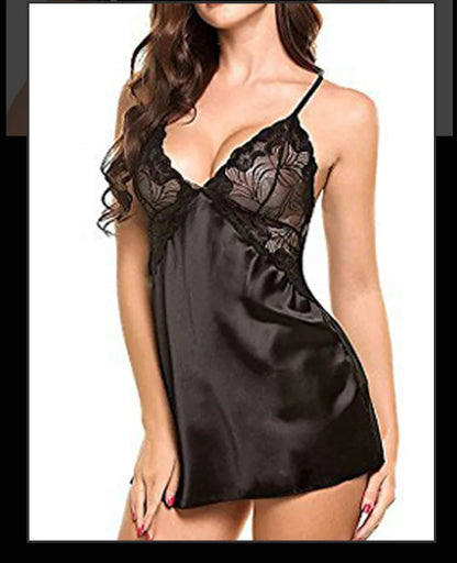 Women's Silk Satin Nightdress – V-Neck Lace Lingerie