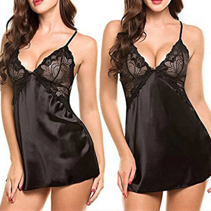 Women's Silk Satin Nightdress – V-Neck Lace Lingerie