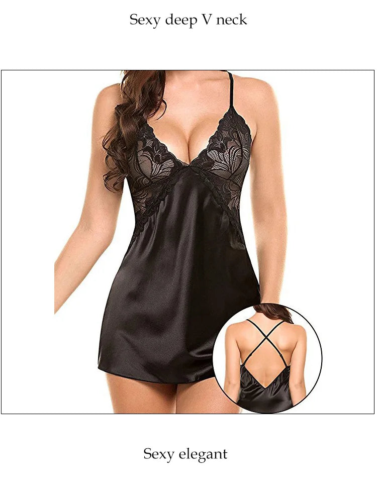 Women's Silk Satin Nightdress – V-Neck Lace Lingerie