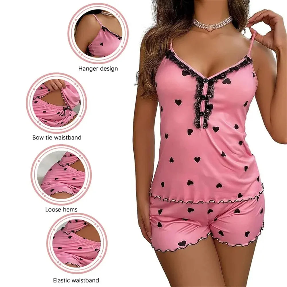 Sexy Two-Piece Pajama Set for Women – Deep V-Neck Top & Shorts