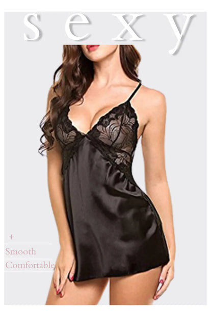 Women's Silk Satin Nightdress – V-Neck Lace Lingerie