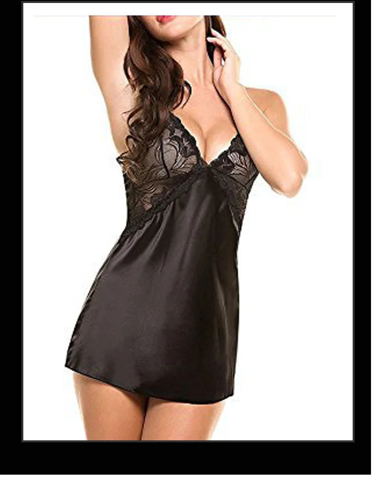 Women's Silk Satin Nightdress – V-Neck Lace Lingerie