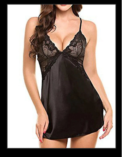 Women's Silk Satin Nightdress – V-Neck Lace Lingerie