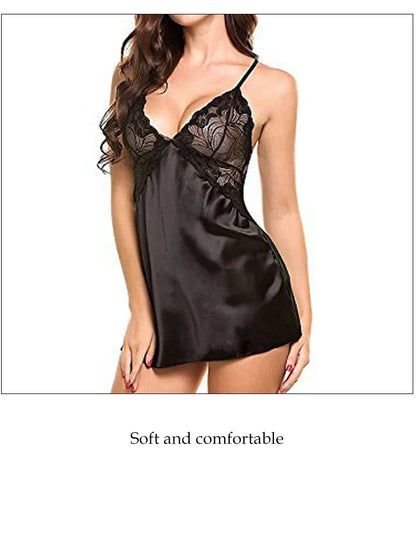 Women's Silk Satin Nightdress – V-Neck Lace Lingerie