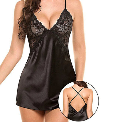 Women's Silk Satin Nightdress – V-Neck Lace Lingerie