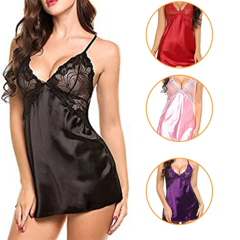 Women's Silk Satin Nightdress – V-Neck Lace Lingerie