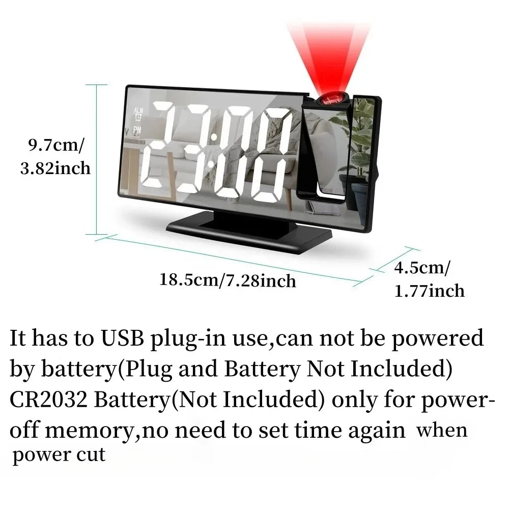 USB-Powered Digital Projection Alarm Clock | 12/24H LED Table Clock with Temperature & Snooze