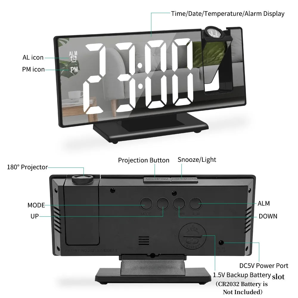 USB-Powered Digital Projection Alarm Clock | 12/24H LED Table Clock with Temperature & Snooze